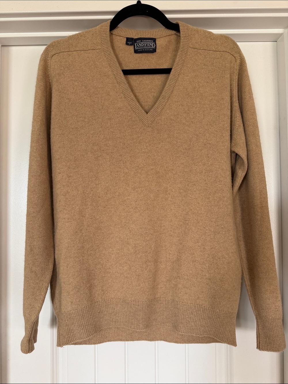 Lands' End 100% Cashmere V-Neck Sweater Camel Made in Scotland Men M / Women L